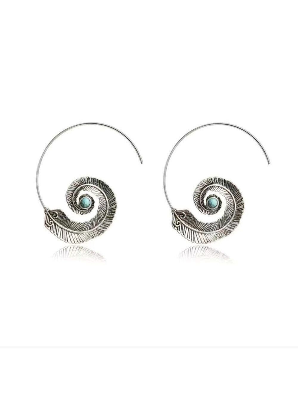 Medium Silver Feather Spiral Earrings in Red or Turquoise Blue #686